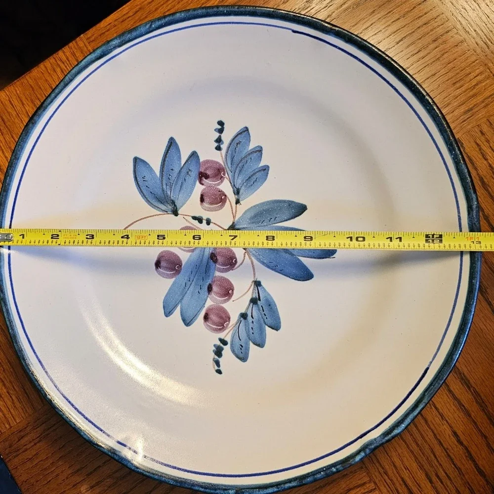 P.V. Italy Hand Painted Ceramic Dinner Plate Blue Leaves Purple Berries 13